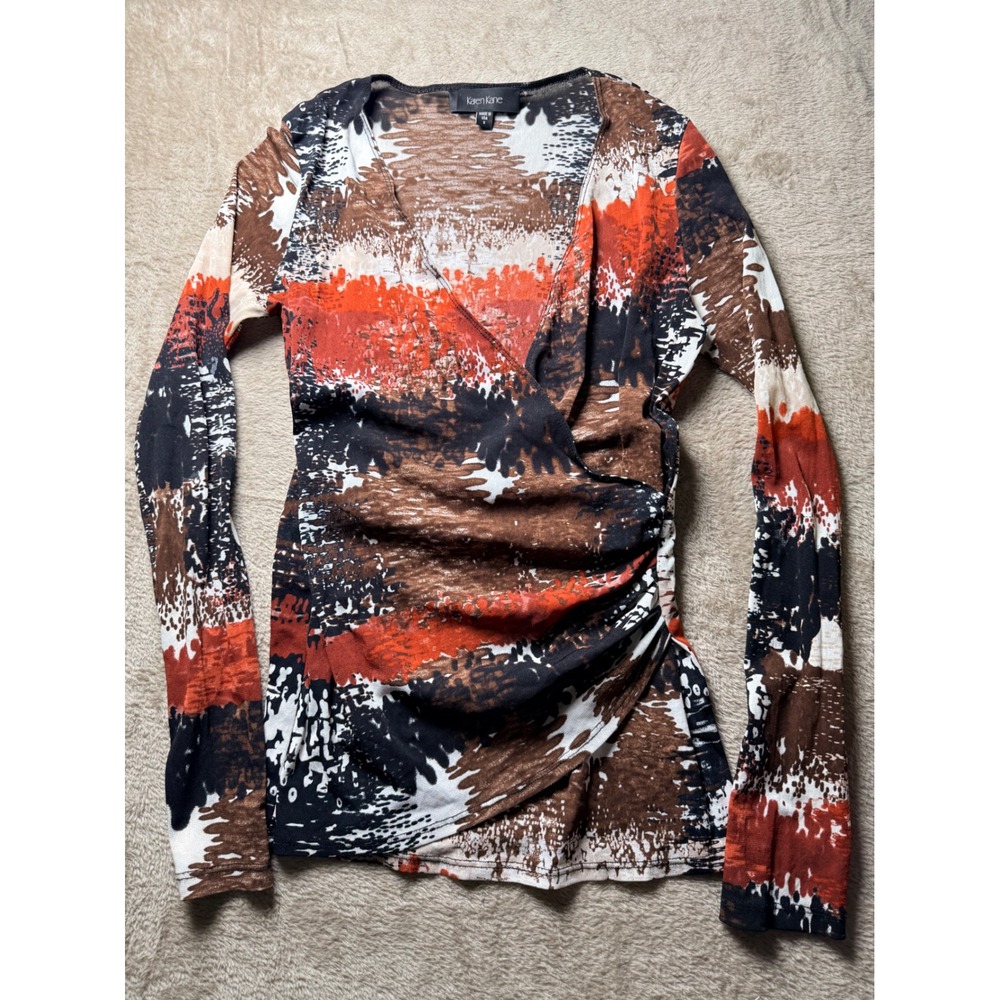 Karen Kane Womens Small Abstract Print Ruched Wrap Top Long Sleeve Office Sire